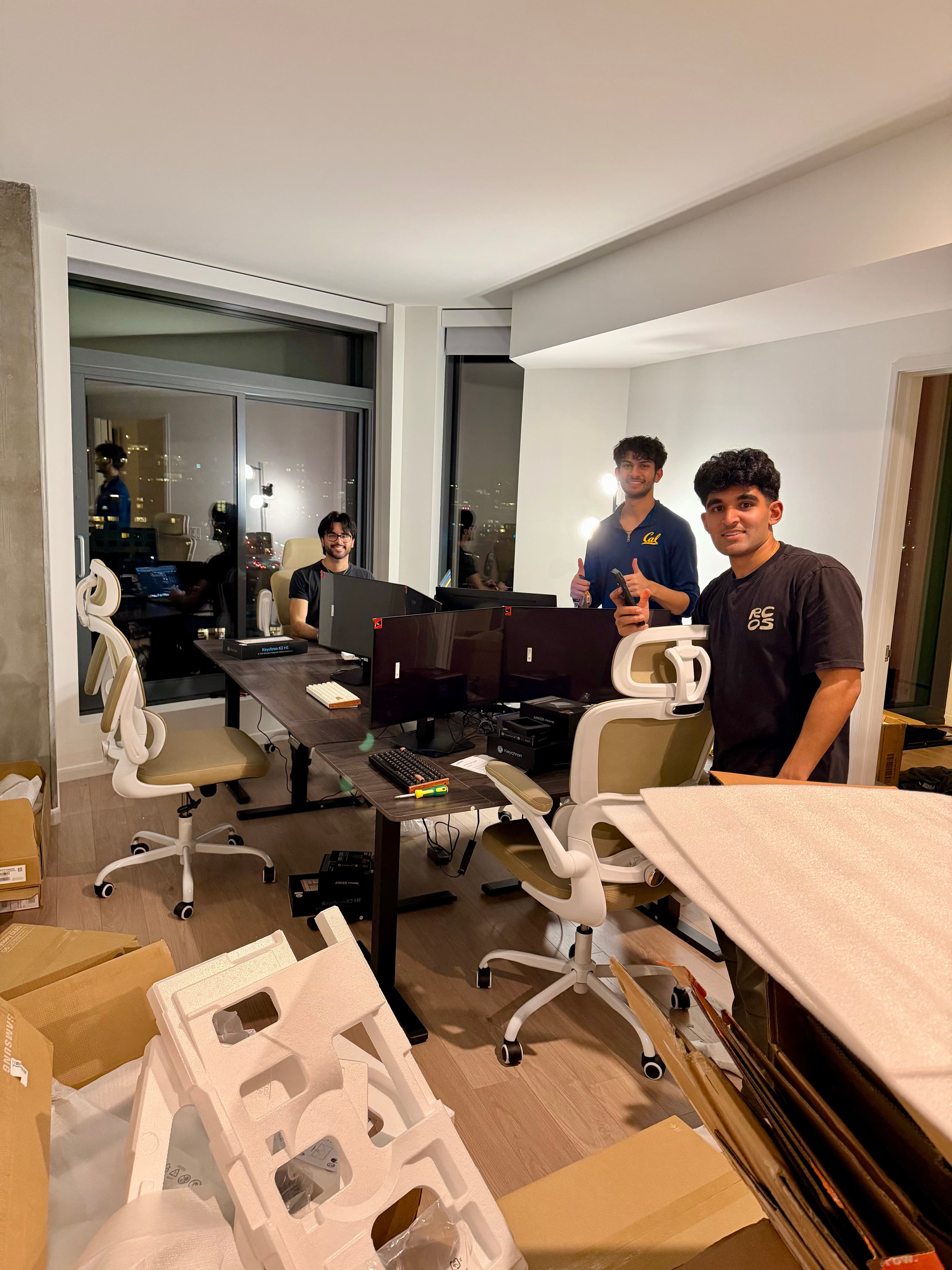 Building out a workspace late at night with friends